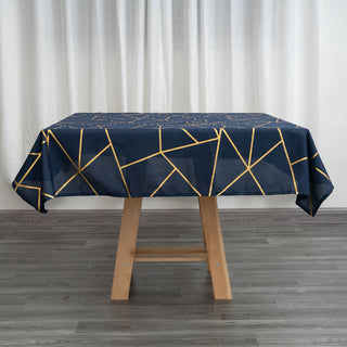 Navy Blue Seamless Polyester Square Tablecloth With Gold Foil Geometric Pattern