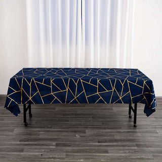 Navy Blue Polyester Tablecloth with Gold Foil Geometric Pattern Navy Blue Polyester Tablecloth with Gold Foil Geometric Pattern