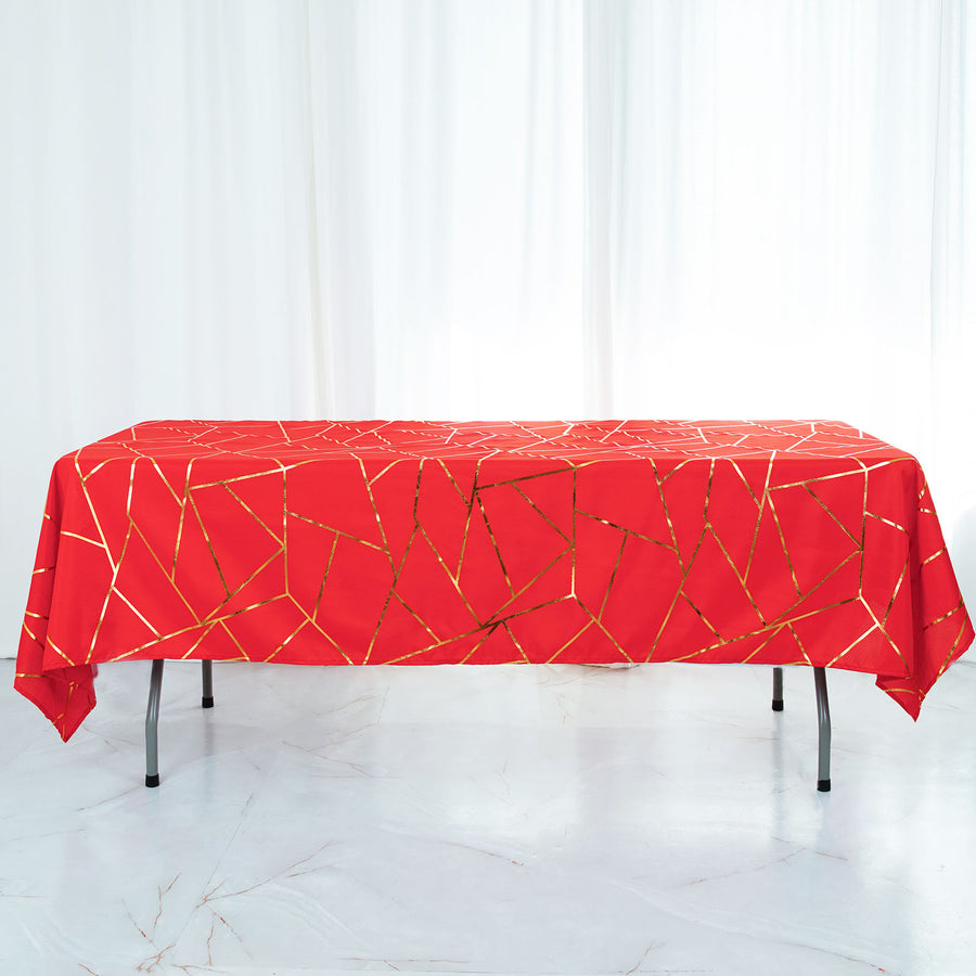 60inch x 102inch Red Rectangle Polyester Tablecloth With Gold Foil Geometric Pattern