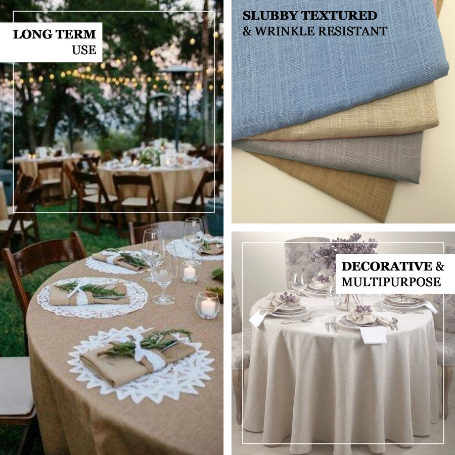 120" Beige Linen Round Tablecloth, Slubby Textured Wrinkle Resistant Tablecloth
