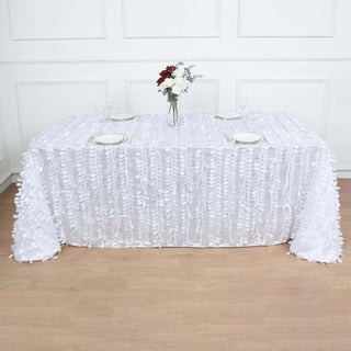 Elegant White 90x132 Tablecloth with 3D Leaf Petal Design Elegant White 90x132 Tablecloth with 3D Leaf Petal Design