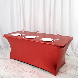 Add a Touch of Elegance with the 6ft Metallic Burgundy Rectangular Stretch Spandex Table Cover