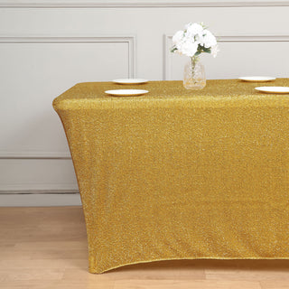 Create a Memorable Occasion with the 6ft Gold Metallic Shimmer Tinsel Spandex Table Cover