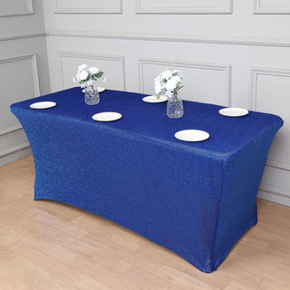 Elevate Your Event Decor with the Royal Blue Metallic Shimmer Tinsel Spandex Table Cover