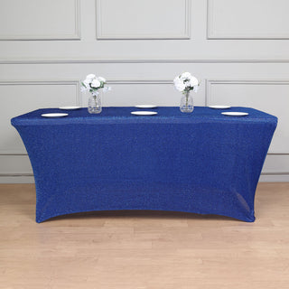 Add a Touch of Glamour with the 6ft Royal Blue Metallic Shimmer Tinsel Spandex Table Cover