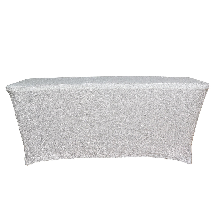 6ft Silver Metallic Shimmer Tinsel Spandex Table Cover, Rectangular Fitted Tablecloth#whtbkgd