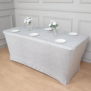 Create a Memorable Occasion with the Silver Metallic Shimmer Tinsel Spandex Table Cover