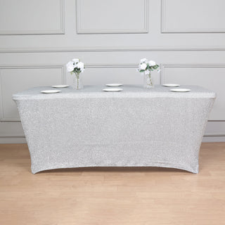 Add Glamour to Your Event with the Silver Metallic Shimmer Tinsel Spandex Table Cover