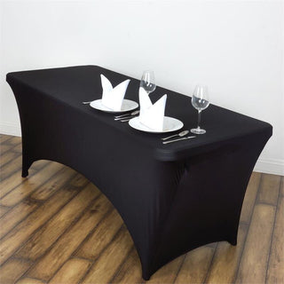 Elevate Your Event Decor with the 6ft Black Rectangular Stretch Spandex Tablecloth