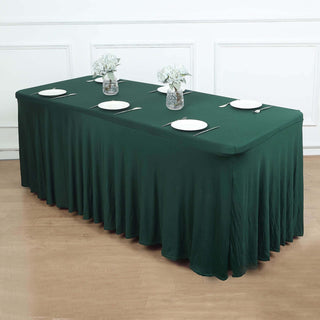 Create a Stunning Table Setting with the Hunter Emerald Green Wavy Spandex Fitted Rectangle Tablecloth Create a Stunning Table Setting with the Hunter Emerald Green Wavy Spandex Fitted Rectangle Tablecloth