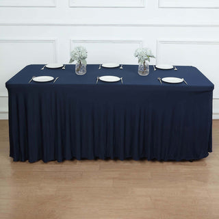 Add Elegance to Your Event with the Navy Blue Wavy Spandex Fitted Rectangle 1-Piece Tablecloth Table Skirt Add Elegance to Your Event with the Navy Blue Wavy Spandex Fitted Rectangle 1-Piece Tablecloth Table Skirt