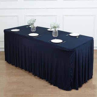 Create a Stunning Table Setting with the Navy Blue Wavy Spandex Fitted Rectangle 1-Piece Tablecloth Table Skirt Create a Stunning Table Setting with the Navy Blue Wavy Spandex Fitted Rectangle 1-Piece Tablecloth Table Skirt