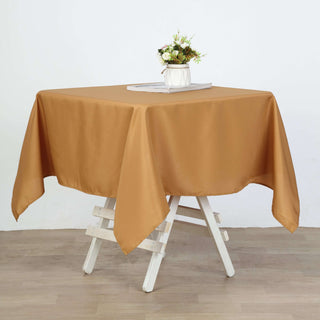Create a Luxurious Ambiance with the 54"x54" Gold Square Polyester Table Overlay Create a Luxurious Ambiance with the 54"x54" Gold Square Polyester Table Overlay