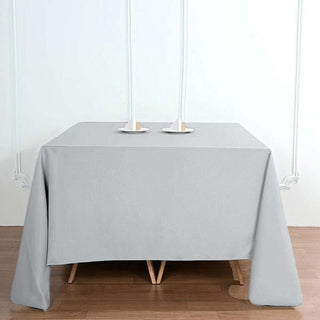 Add Elegance to Your Event with the Silver Square Polyester Tablecloth Add Elegance to Your Event with the Silver Square Polyester Tablecloth