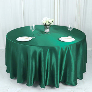 Enhance Your Event Decor with the 108" Hunter Emerald Green Satin Round Tablecloth Enhance Your Event Decor with the 108" Hunter Emerald Green Satin Round Tablecloth