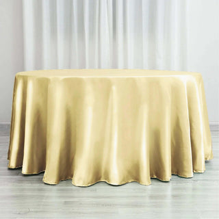 Create a Memorable Event with the 120" Champagne Seamless Satin Round Tablecloth Create a Memorable Event with the 120" Champagne Seamless Satin Round Tablecloth