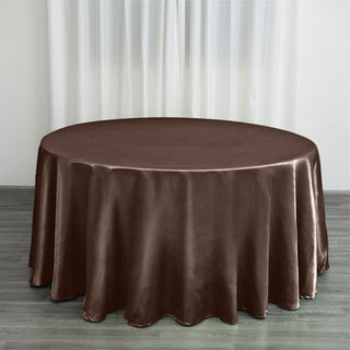 Elevate Your Event Decor with the 120" Chocolate Seamless Satin Round Tablecloth