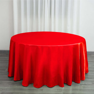 Add Elegance to Your Event with the 120" Red Seamless Satin Round Tablecloth Add Elegance to Your Event with the 120" Red Seamless Satin Round Tablecloth