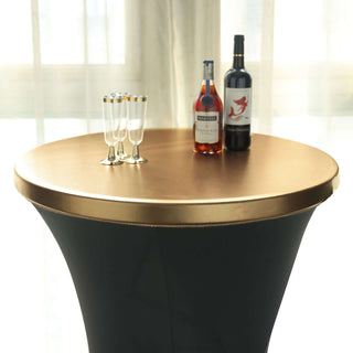 Add Elegance to Your Event with the Metallic Gold Spandex Stretch Fitted Cocktail Table Top Cover Add Elegance to Your Event with the Metallic Gold Spandex Stretch Fitted Cocktail Table Top Cover
