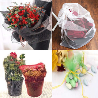 Flower bouquet wrapped in mesh with decorative pots and Easter eggs in a netting.