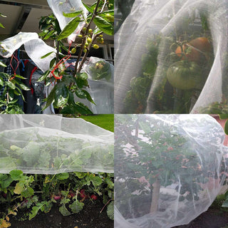Garden plant protection mesh in various uses for fruit and vegetable crops.