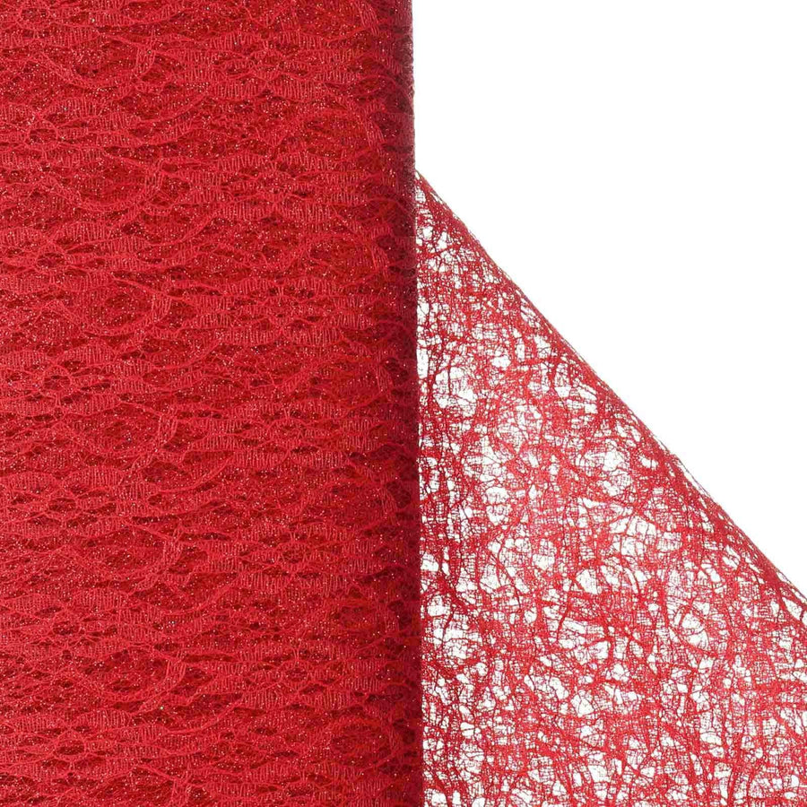54 Inch x 15 Yards | Red Floral Lace Shimmer Tulle Fabric Bolt | TableclothsFactory