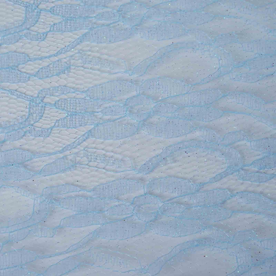 54 Inch x 15 Yards | Serenity Blue Floral Lace Shimmer Tulle Fabric Bolt | TableclothsFactory