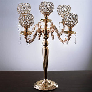 Add Glamour to Your Event with the 25" Tall 5 Arm Gold Crystal Beaded Globe Metal Candelabra Candle Holder