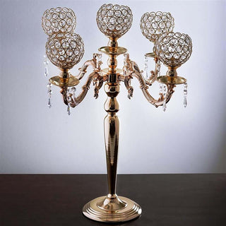 Add Glamour to Your Event with the 25" Tall 5 Arm Gold Crystal Beaded Globe Metal Candelabra Candle Holder Add Glamour to Your Event with the 25" Tall 5 Arm Gold Crystal Beaded Globe Metal Candelabra Candle Holder