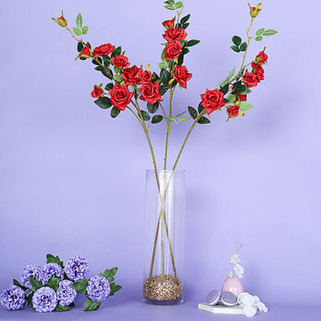 2 Stems 38" Tall Artificial Red Rose Bouquet, Realistic Silk Flower Arrangements