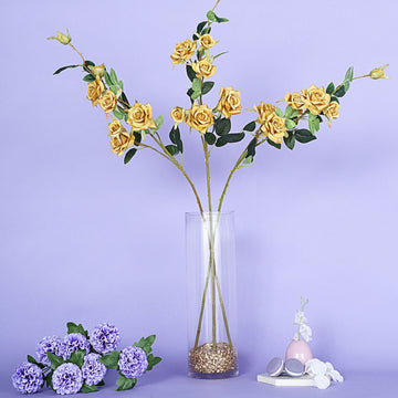 2 Stems 38" Tall Gold Artificial Silk Rose Flower Bouquet Bushes