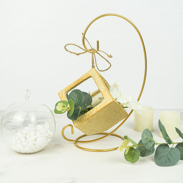 2 Pack 10" Tall Gold Metal Air Plant Terrarium Stand, Hanging Ornament Display Holder