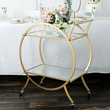 2.5ft Tall Gold Metal 2-Tier Bar Cart Mirror Serving Tray Kitchen Trolley, Round Teacart Island Cart for Events