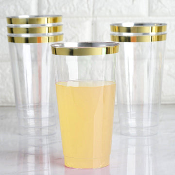 12 Pack 17oz Tall Gold Rim Clear Plastic Cups, Disposable Party Glasses