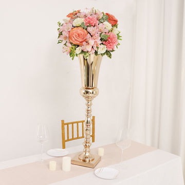 27" Tall Gold Trumpet Metal Flower Vase, European Style Centerpiece - Square Base