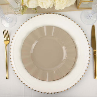 9" Taupe Heavy Duty Disposable Dinner Plates with Gold Ruffled Rim 9" Taupe Heavy Duty Disposable Dinner Plates with Gold Ruffled Rim