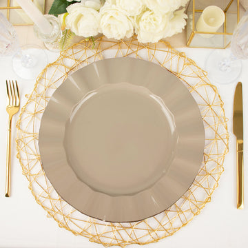 10 Pack 11" Taupe Disposable Dinner Plates With Gold Ruffled Rim, Round Plastic Party Plates