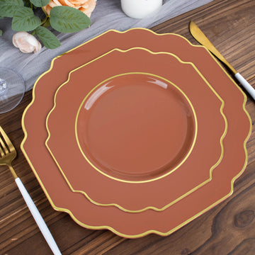 10 Pack 8" Terracotta (Rust) Hard Plastic Dessert Appetizer Plates, Disposable Tableware, Baroque Heavy Duty Salad Plates with Gold Rim