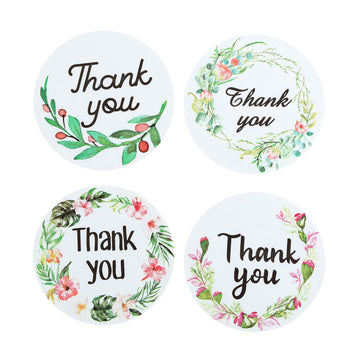 500Pcs 1.5" Thank You Black Print and Floral Design Stickers Roll, DIY Envelope Seal Labels - Round Assorted Designs
