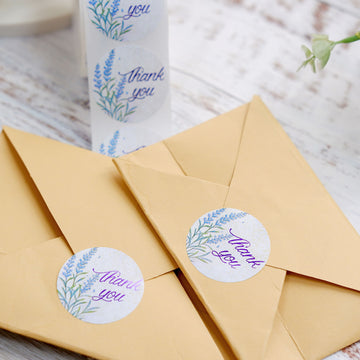500Pcs 1.5" Thank You Purple Lavender Print Stickers Roll, Labels For DIY Envelope Seals - Round