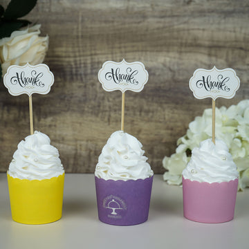 50 Pack 5" Thank You Tag Cloud Cupcake Toppers, Bamboo Skewers, Decorative Top Cocktail Picks