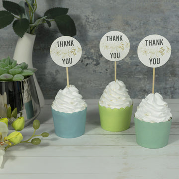 50 Pack 5.5" Thank You Tag Round Cupcake Toppers, Bamboo Skewers, Decorative Top Cocktail Picks