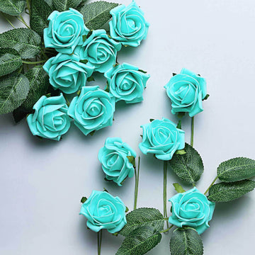 24 Roses 2" Turquoise Artificial Foam Flowers With Stem Wire and Leaves