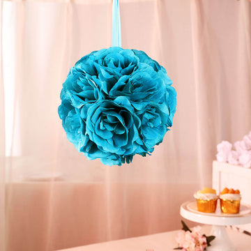 2 Pack 7" Turquoise Artificial Silk Rose Kissing Ball, Faux Flower Ball