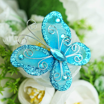 12 Pack 2" Turquoise Diamond Studded Wired Organza Butterflies