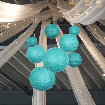 Set of 8 Turquoise Hanging Paper Lanterns, Chinese Sky Lanterns, Assorted Size - 6", 8", 10", 14"