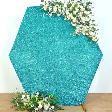 8ftx7ft Turquoise Metallic Shimmer Tinsel Spandex Hexagon Wedding Arbor Cover, 2-Sided Backdrop