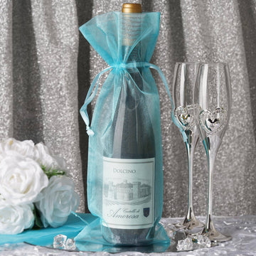 10 Pack 6"x15" Turquoise Organza Drawstring Party Favor Wine Bags