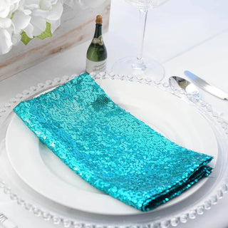 Elevate Your Event Decor with the Turquoise Premium Sequin Cloth Dinner Napkin Elevate Your Event Decor with the Turquoise Premium Sequin Cloth Dinner Napkin
