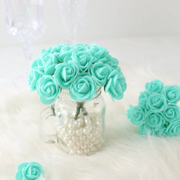 48 Roses 1" Turquoise Real Touch Artificial DIY Foam Rose Flowers With Stem, Craft Rose Buds